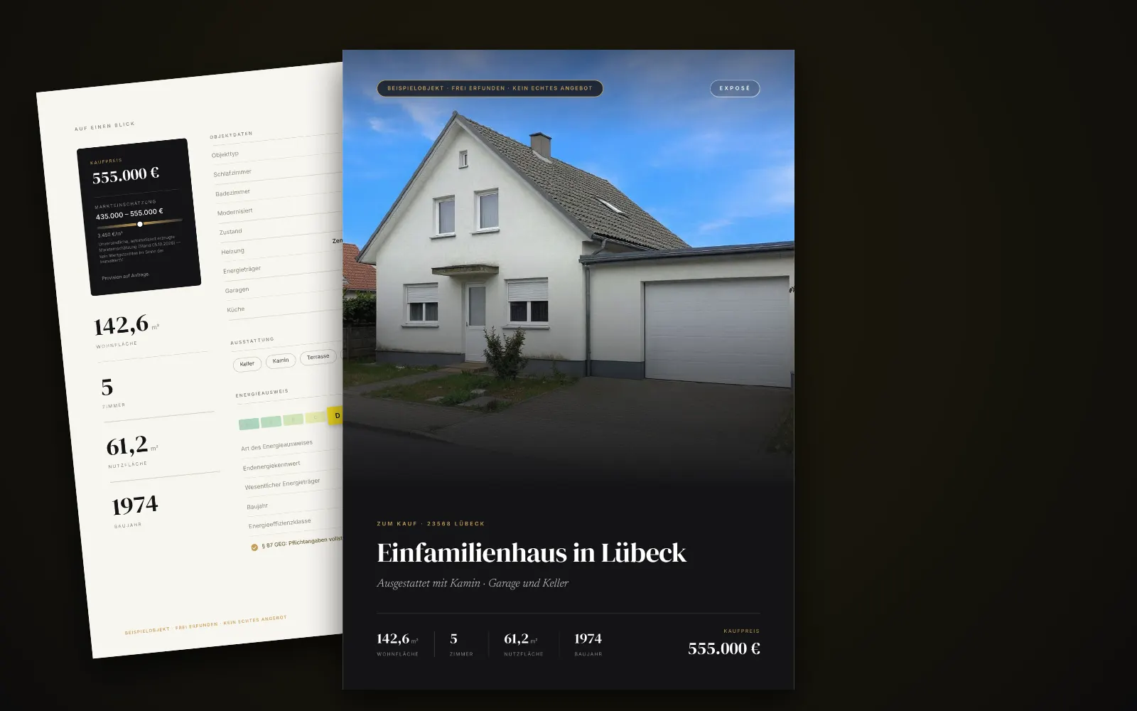 Exposé des Beispielobjekts in Lübeck: Titelseite mit Foto, Titel und Kaufpreis, dahinter zwei weitere Seiten